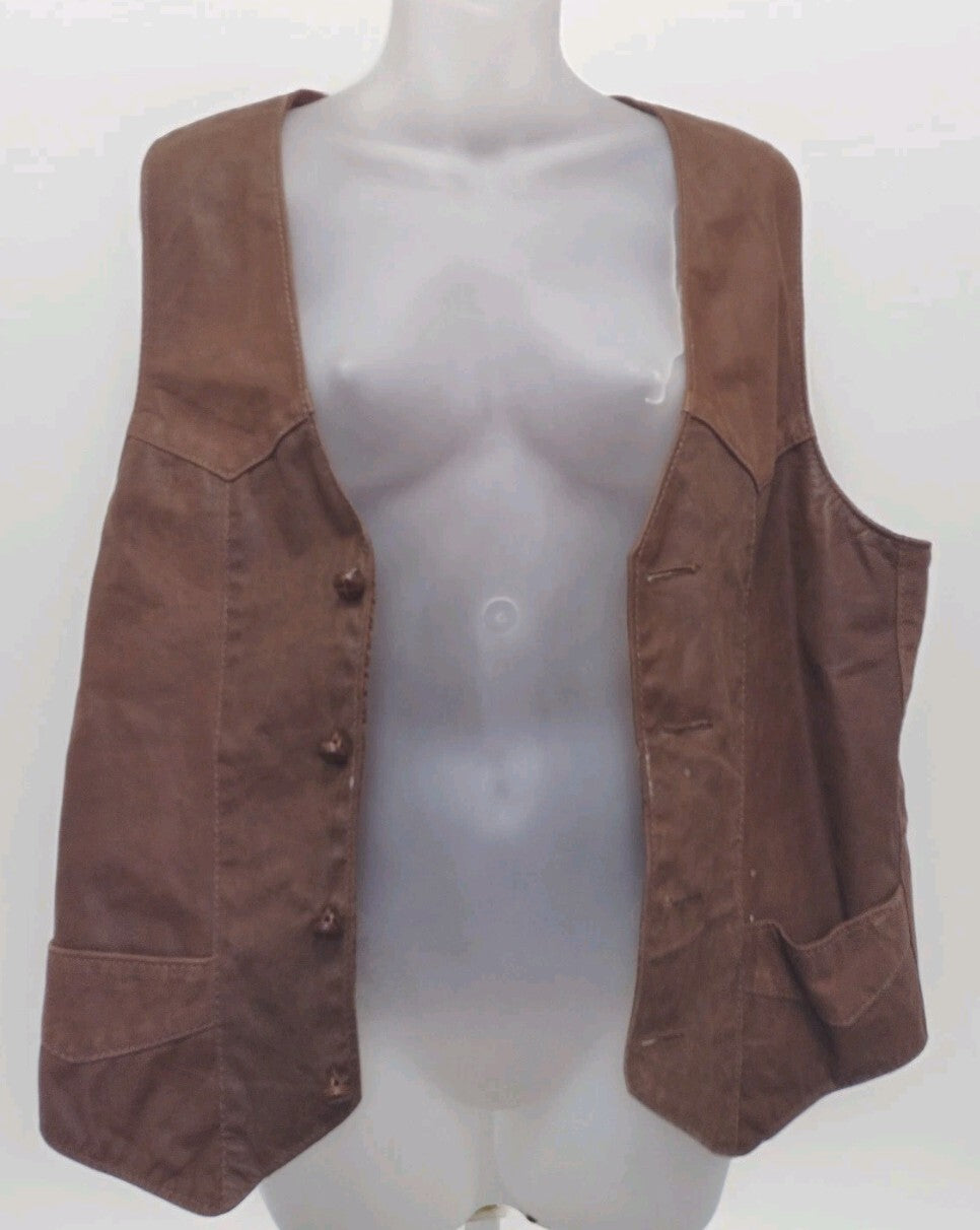 Vintage Steer Brand Leather Vest Men L Made USA Western Cowboy 70s 80s Brown