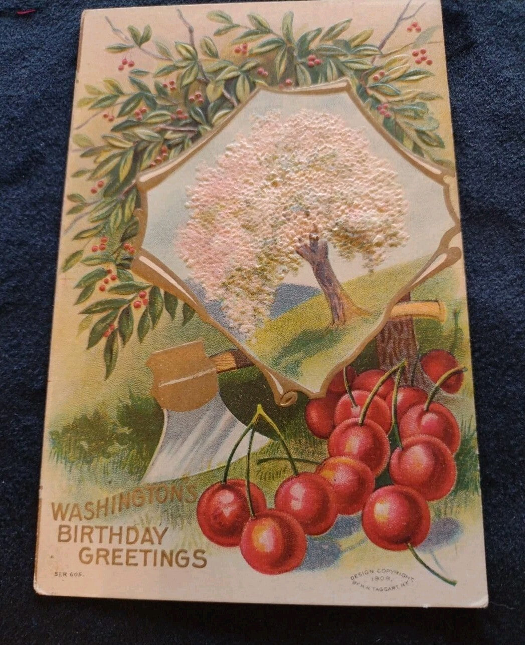 Antique 1908 Washington Birthday Postcard M W Taggart Embossed Cherry Tree