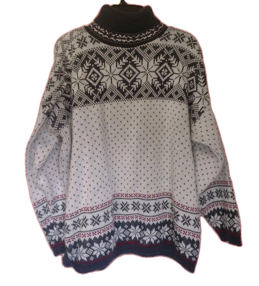Vintage SPUNKY Brand Fair Isle Sweater Turtleneck Sz L Women's Gray White