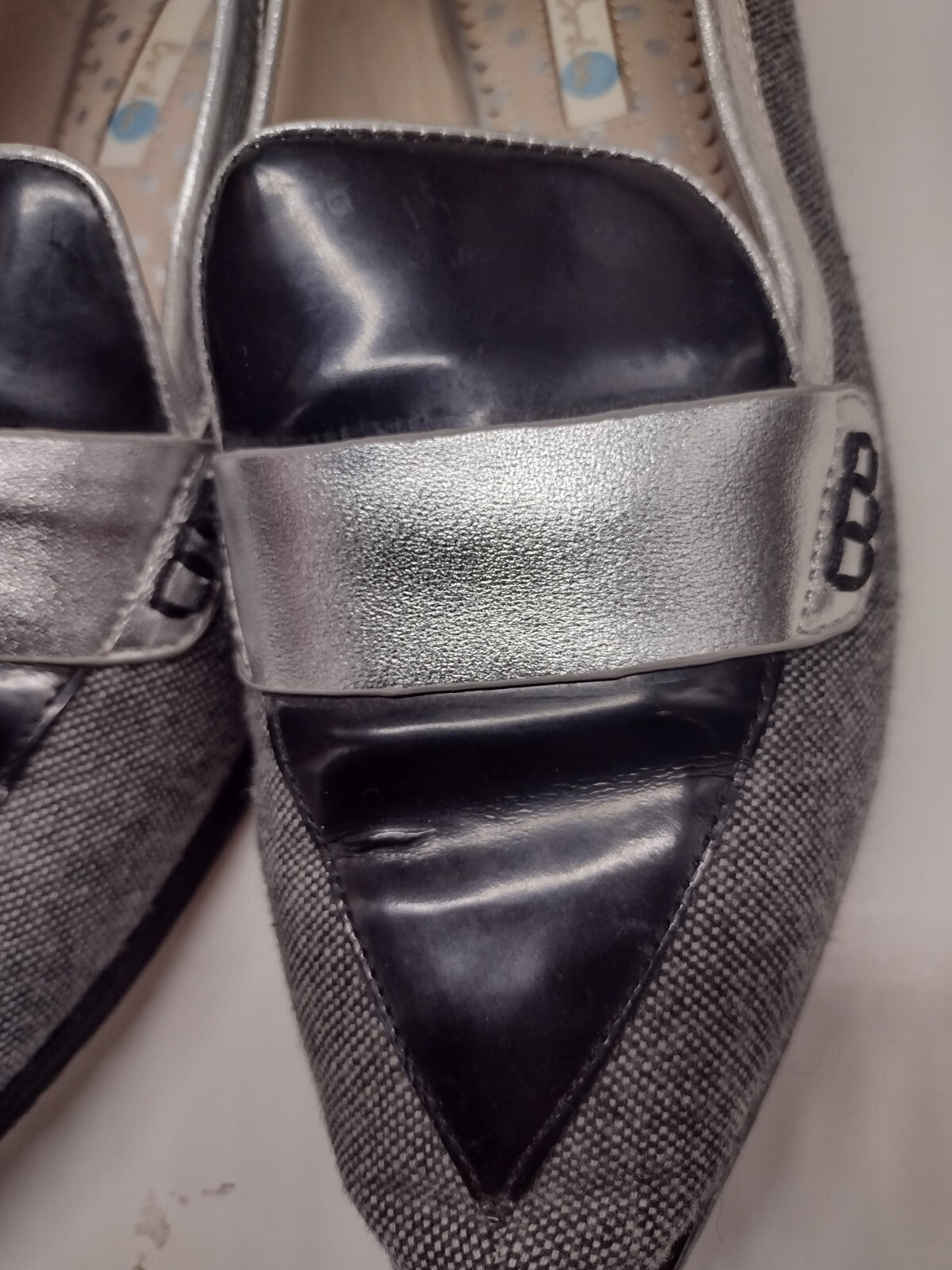 Boden Octavia Pointed Toe Loafers 39 Tweed Patent Leather Metallic SilverBoden