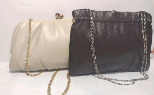 70s Genuine Leather Kiss Lock Purse Bundle Brown & Beige Gold Chain Evening Bags