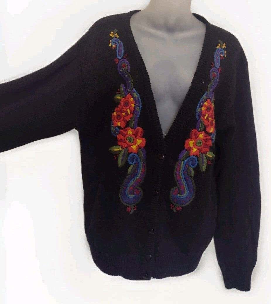 Cardigan Sweater Vintage 90s Liz Baker 22W Embroidered Floral Paisley Boho