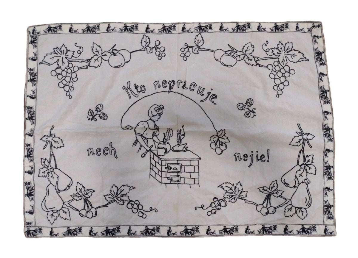 Vintage Slovak Embroidered Kitchen Wall Cloth Folk Art Proverb Textile
