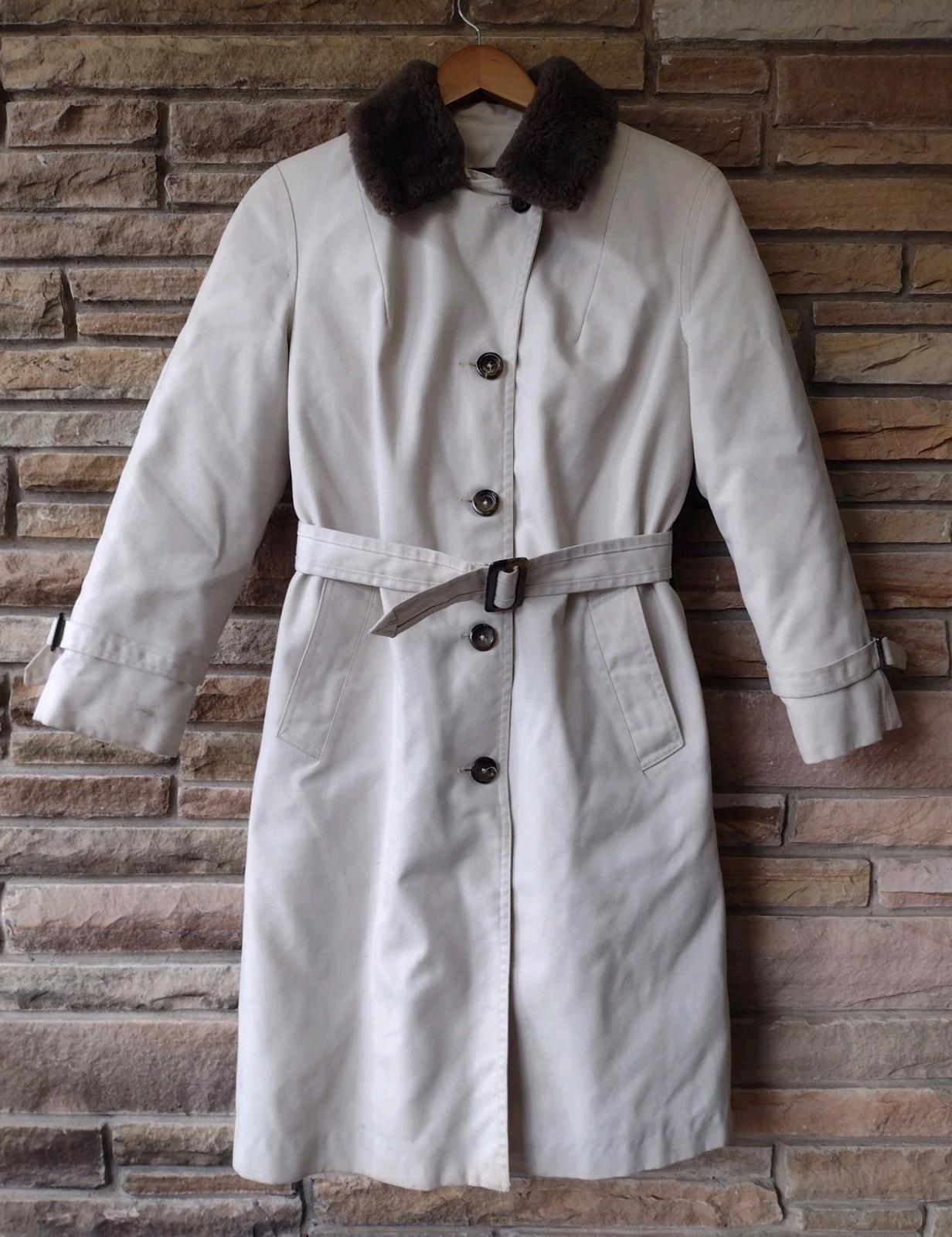 VTG 80s Eddie Bauer Goose Down Trench Coat Sz 8 Shearling Collar Ducks Lining