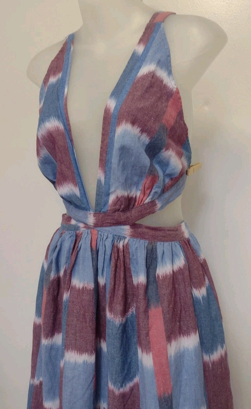 Anthropologie Womens Deep V Midi Dress Large NWT Halter Open Back Boho Ikat
