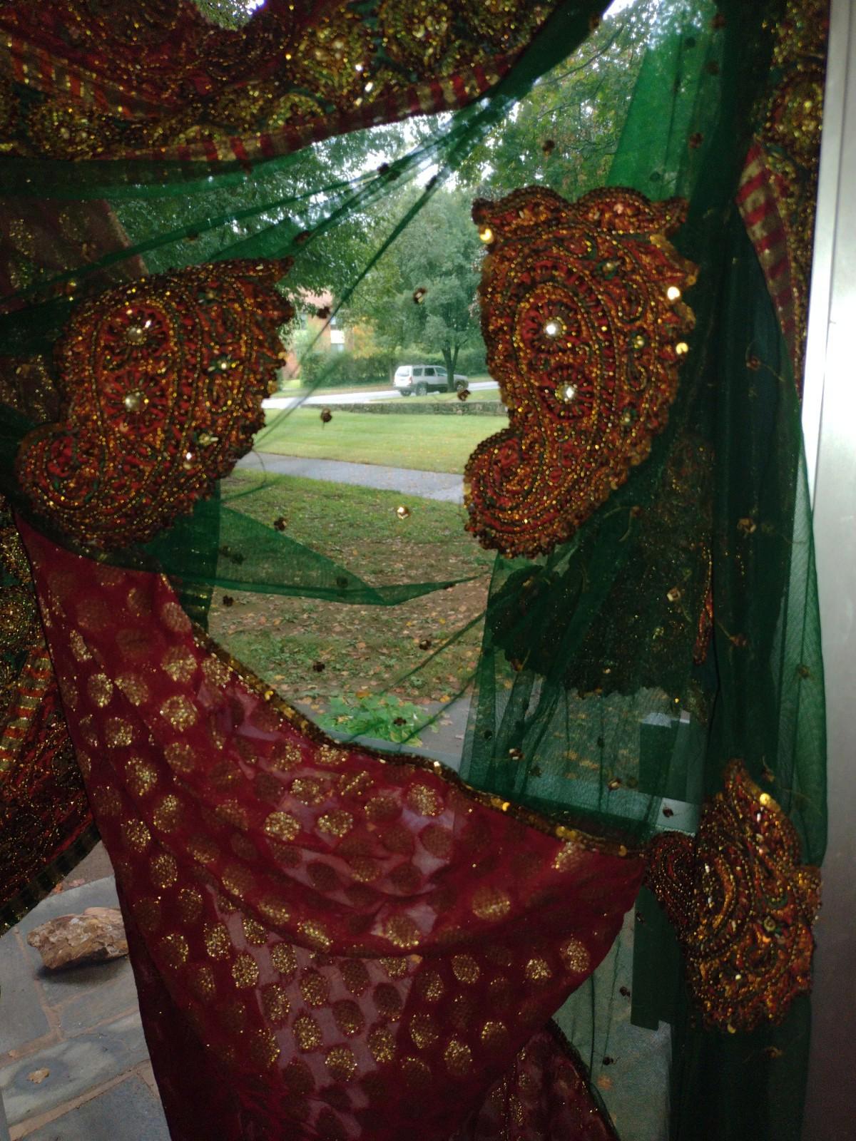 Rare 18ft Hand Embroidered Indian Textile Zardozi Bridal Dupatta Panel Red Green