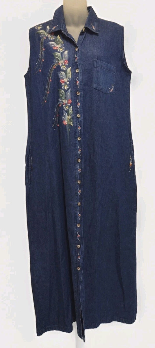 Vintage 90s Denim Maxi Dress M Susan Fetty Hand Painted Floral Wearable ArtSz M