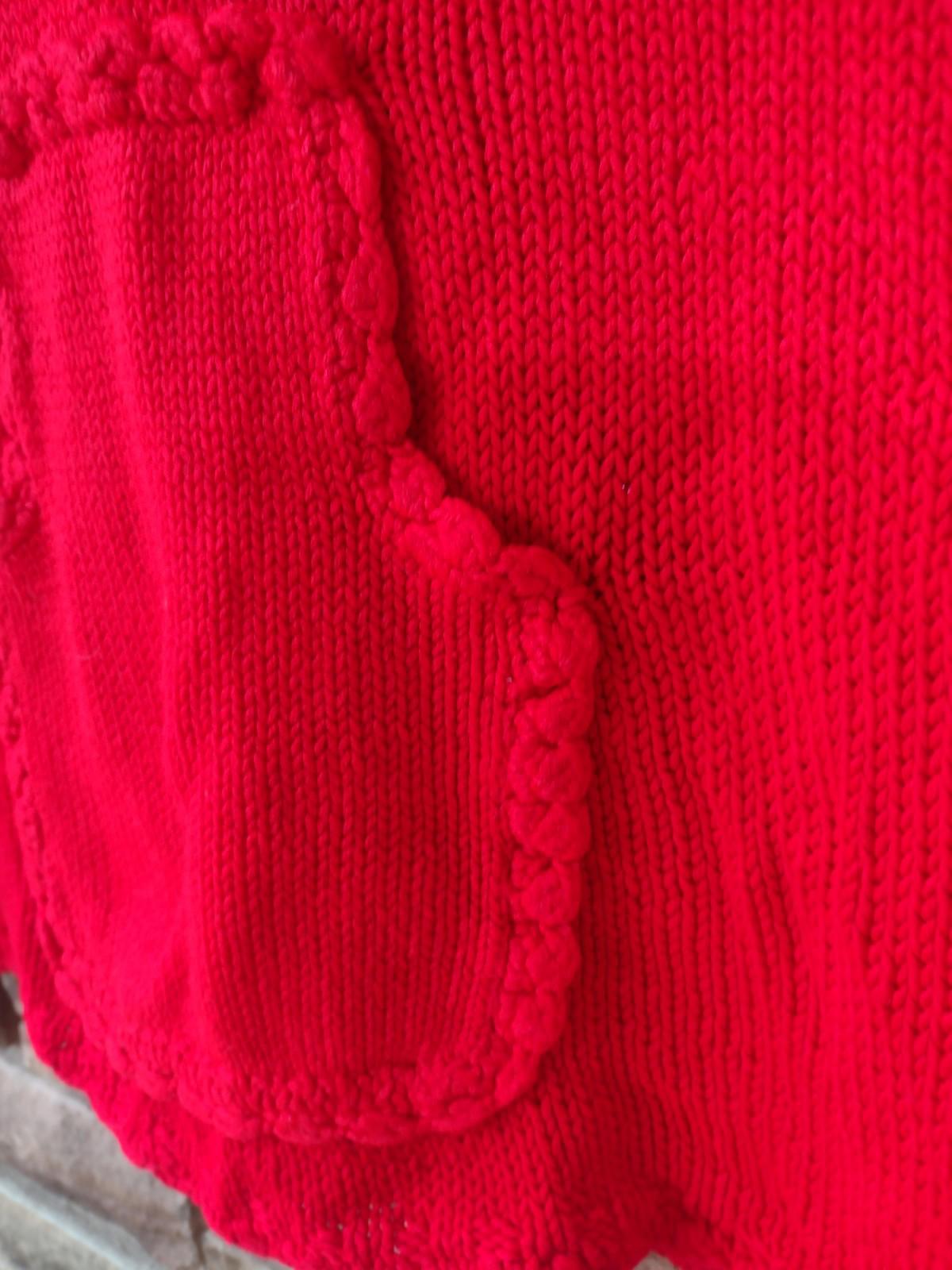 🔥Handmade VTG 90s Bright Red Knit Vest Tunic Kangaroo Pocket Scalloped Trim S/M