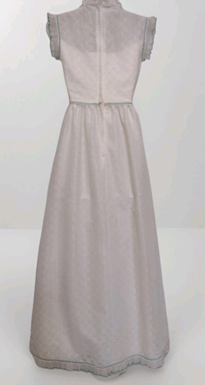 Vintage 70s Nadine Prairie Maxi Dress Ivory Lace Turquoise Victorian XS