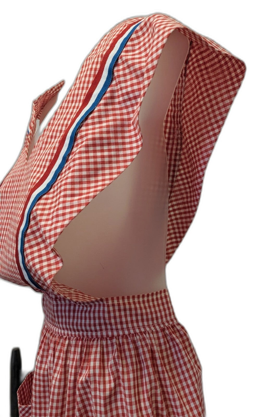 Vintage 70s Handmade Red Gingham Pinafore Apron Dress RWB Ribbon Bicentennial