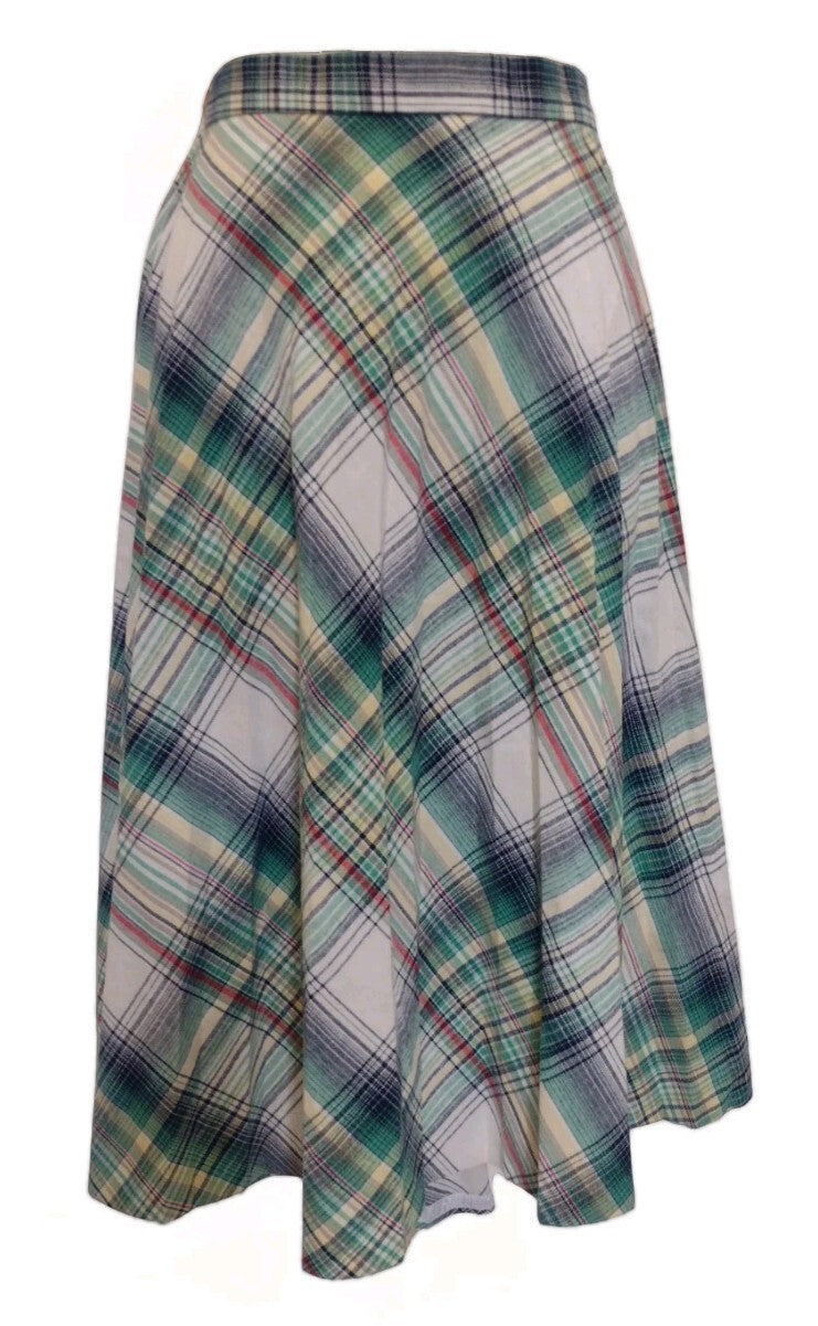 Vintage Pan-Ther Plaid Midi Skirt 15/16 Green Linen Blend Pleated Academia 70s