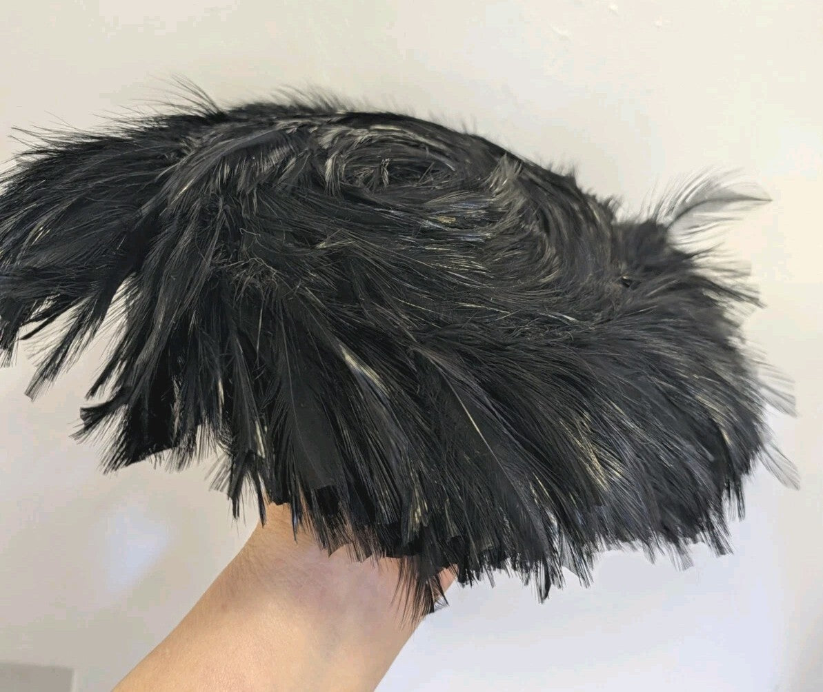 Vintage Feather Hat Black Pillbox Cocktail 1950s 60s Toque Percher Unbranded