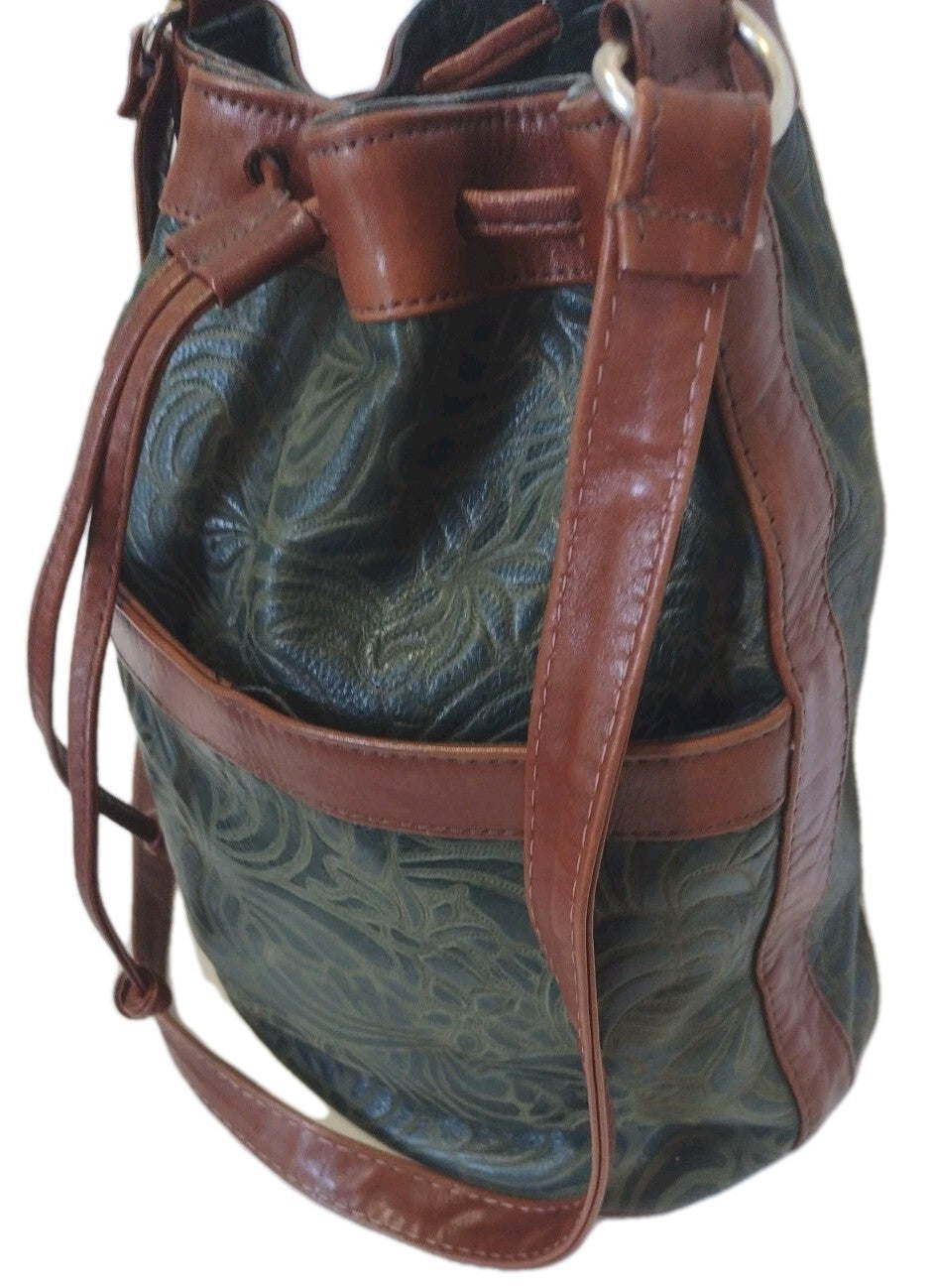 Vintage 80s 90s Green Embossed Leather Bucket Bag Drawstring Boho Western