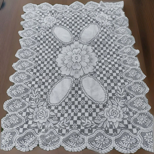 Vintage Off White Lace Tablecloth 56x68 Floral Scalloped Filet Style Cottagecore