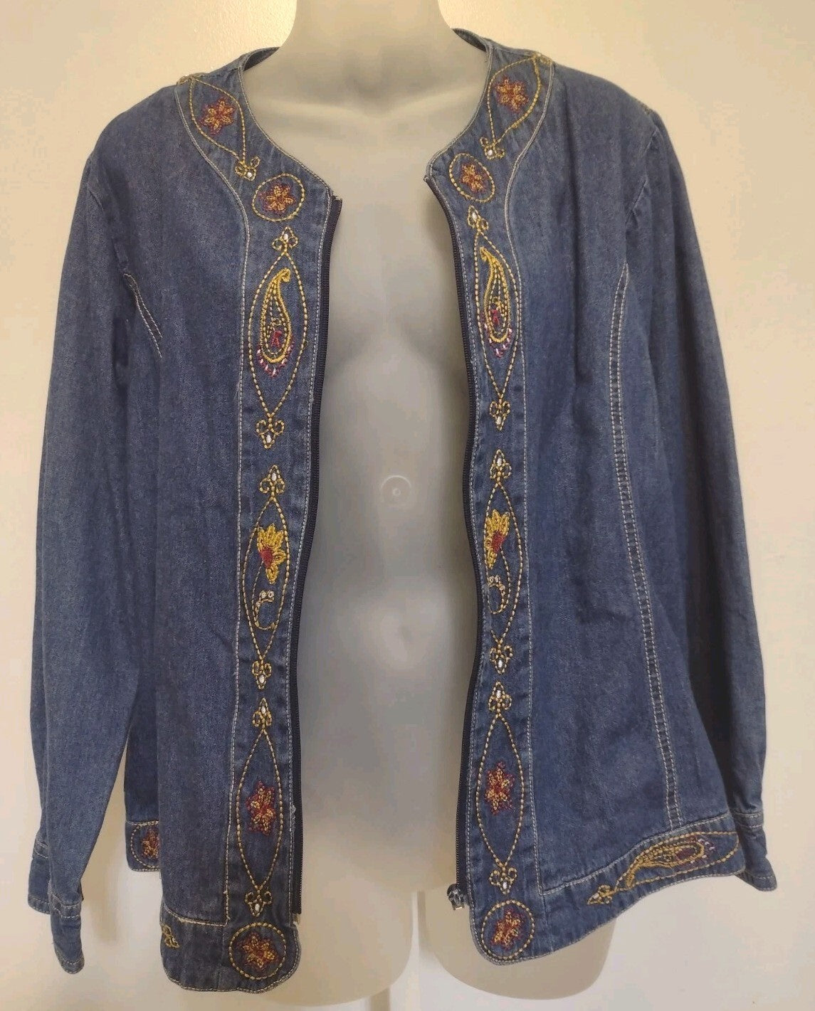 Vintage 90s Embroidered Denim Jacket Womens Medium Adrian Delafield Haband Zip