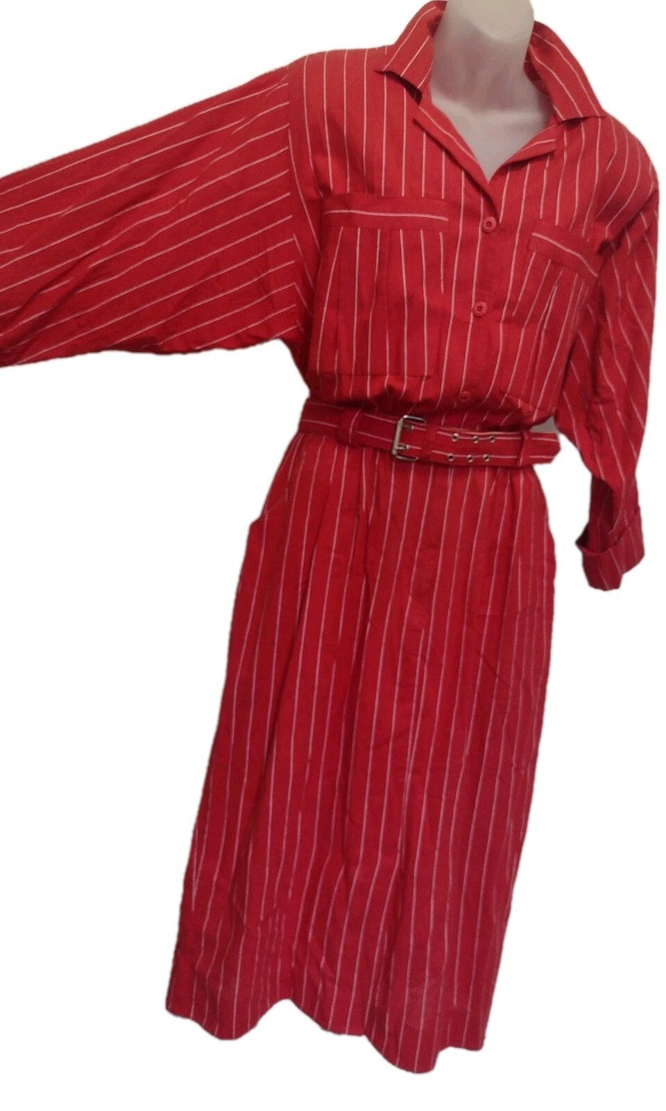 Vintage 1980s Womens Virgo II Dress Red Pinstripe Belted Power Dressing M/L