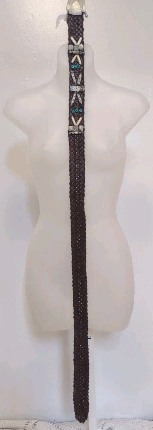 Vintage Artisan Braided Leather Belt Beaded Boho Statement Brown 43 Inch