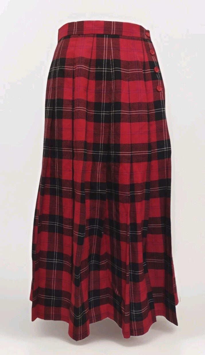 Vintage 70s Deans of Scotland Wool Tartan Midi Skirt Size 6 Red Plaid Preppy