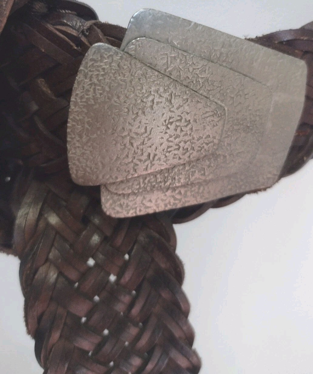 Vintage Artisan Braided Leather Belt Beaded Boho Statement Brown 43 Inch