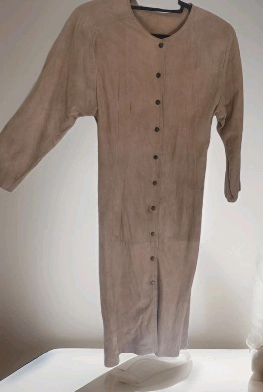 VTG 80s Firenze Santa Barbara Lambsuede Dress M | NZ Leather, Snap Front Pencil
