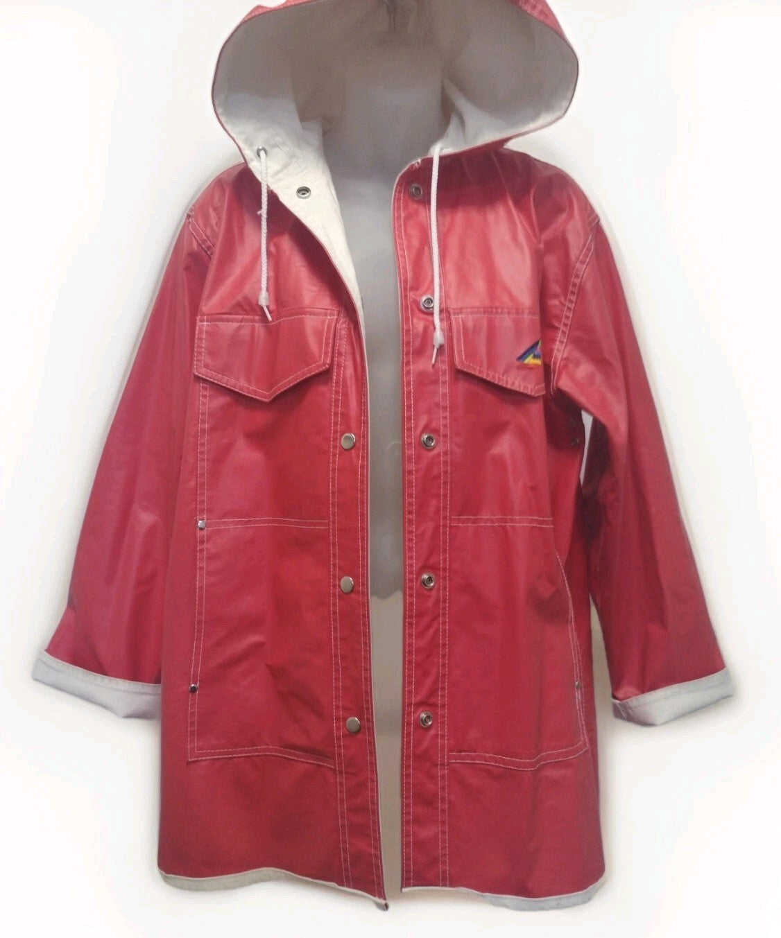 80s Nautical Fisherman Red Vinyl Rain Slicker Rainbow Sailboat Misty Harbor Sz M