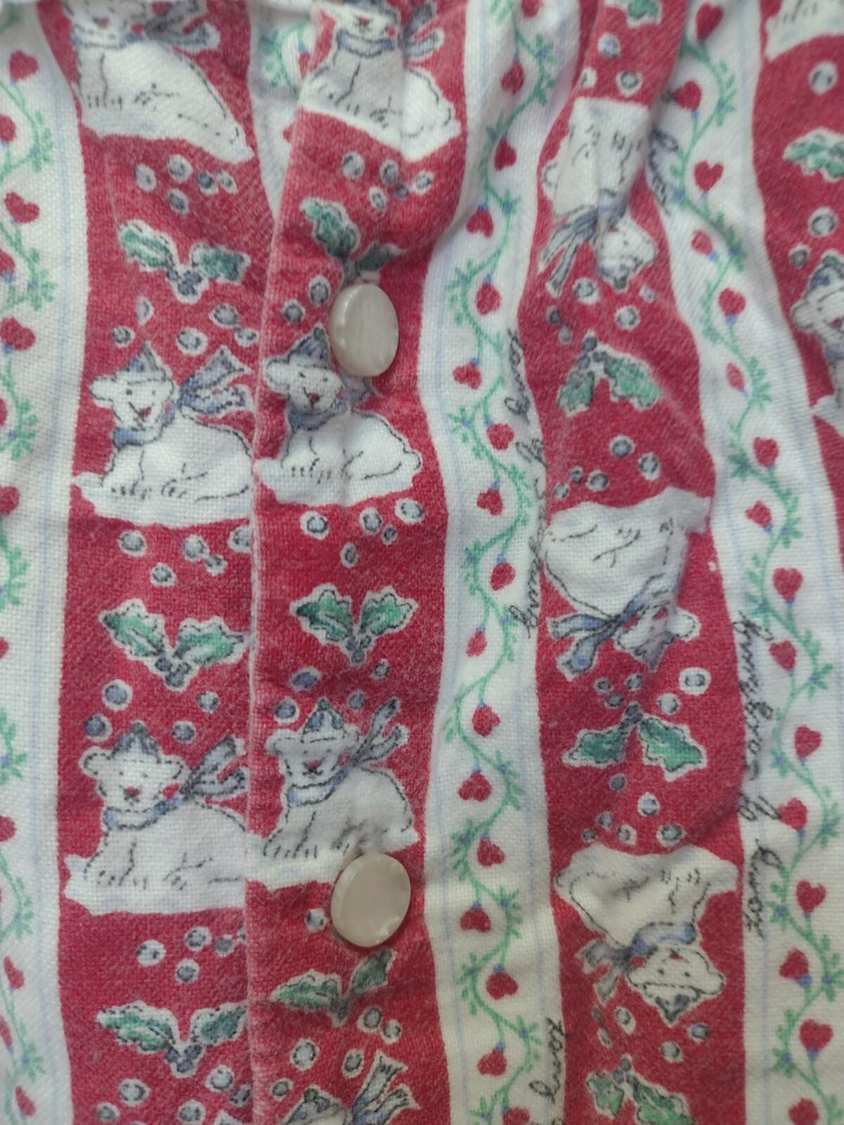Vintage 80s Cotton Nightgown L Polar Bear Holly Print Lace Ruffle Long Sleeve