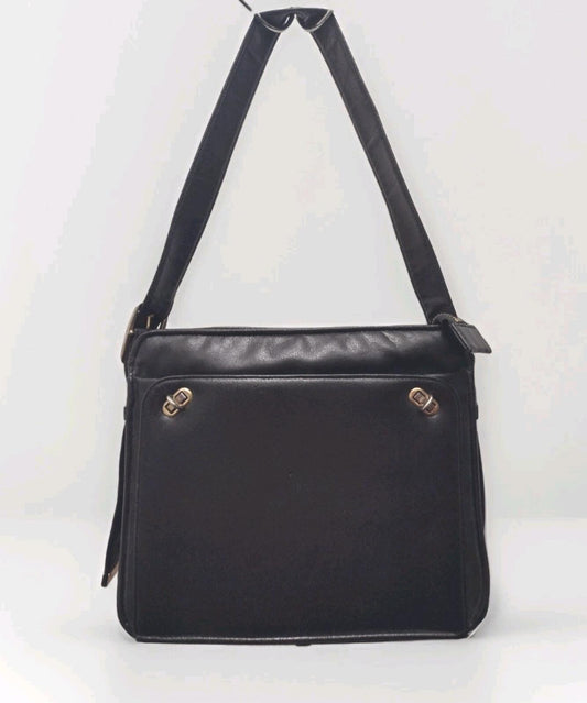 Vintage 60s Theodor Black Leather Shoulder Bag With Foldout Organizer