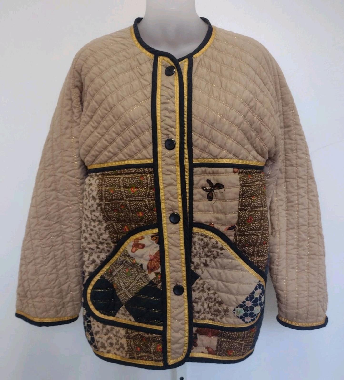 Vintage 70s Thai Lines Bangkok Quilted Butterfly Jacket M Hand Screened Cotton