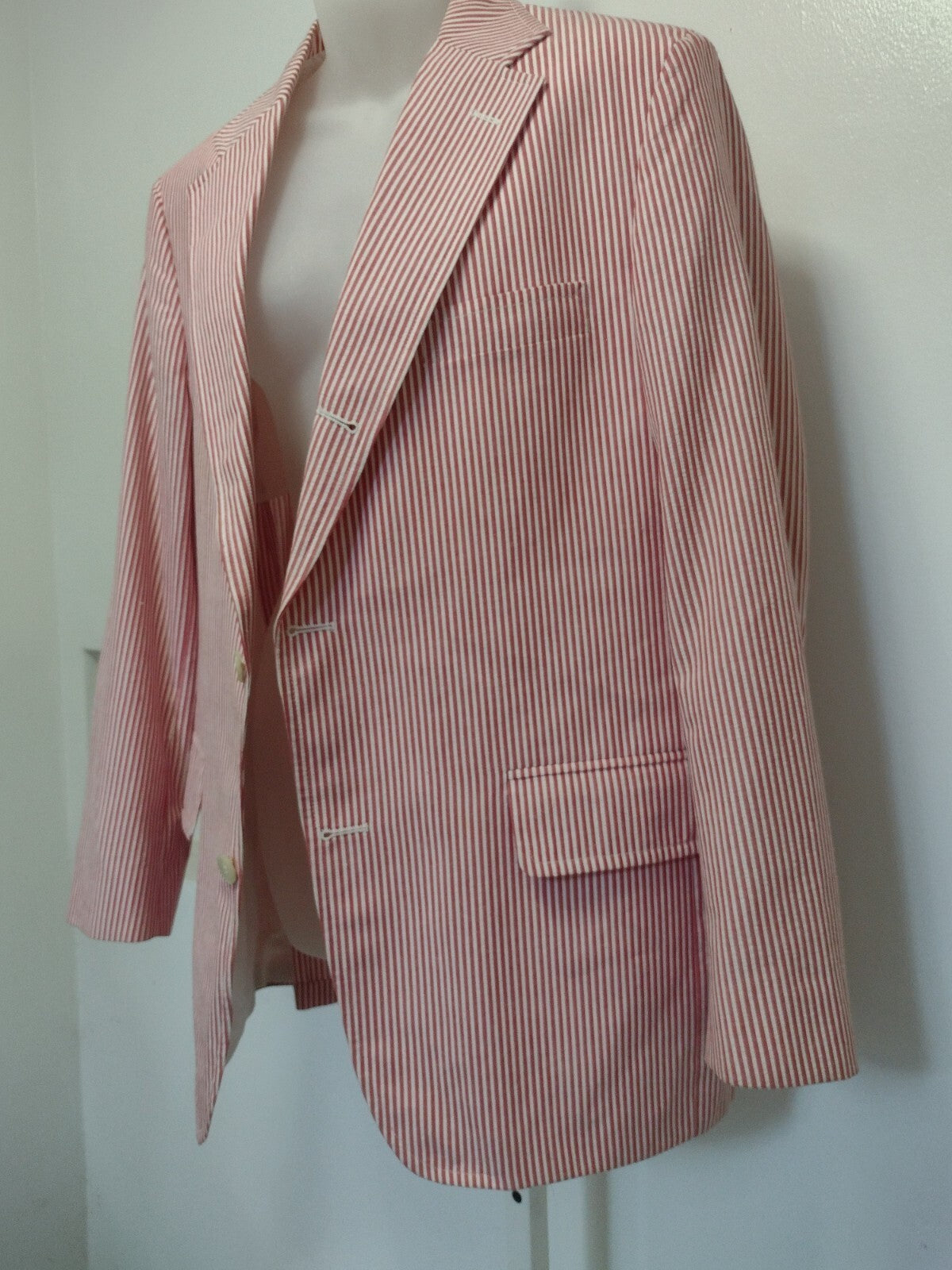 Vintage 80s Patrick James Seersucker Sport Coat Red White Stripe Preppy USA