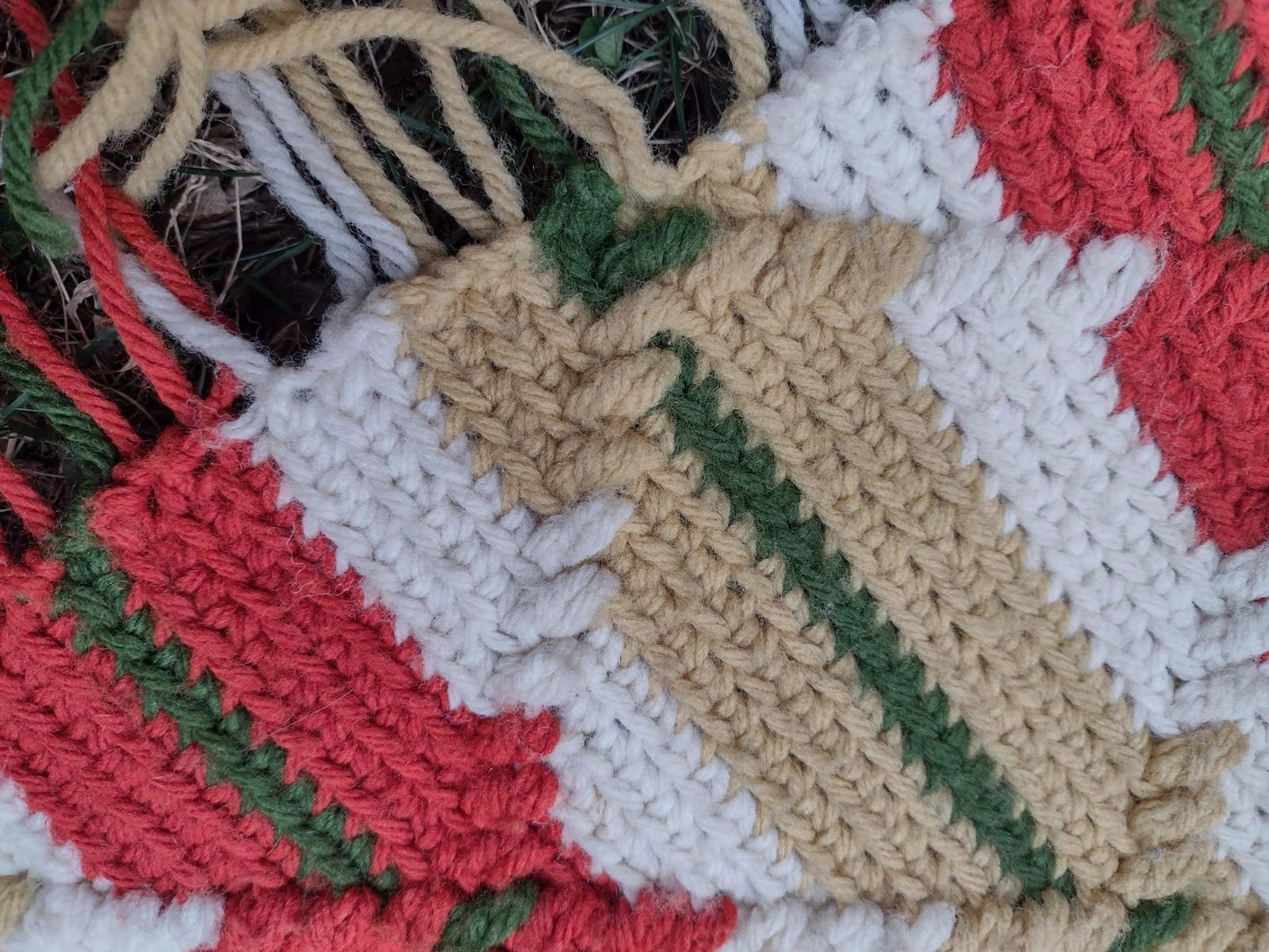 Vintage 70s Hand Crochet Throw 48x58 Retro Stripe Diamond Stitch Fringe Afghan