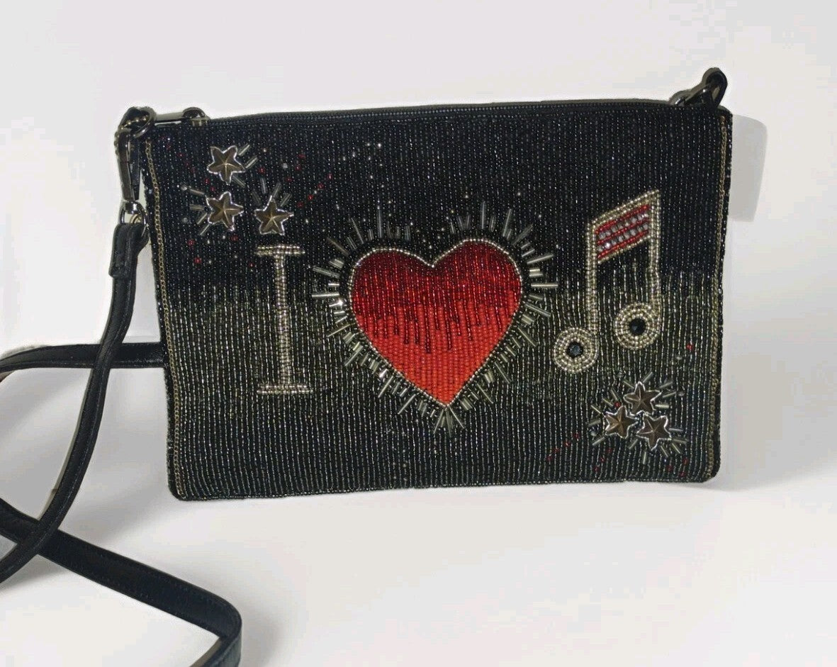Mary Frances Womens Hand Beaded Crossbody Clutch Music Heart Black Red Bag