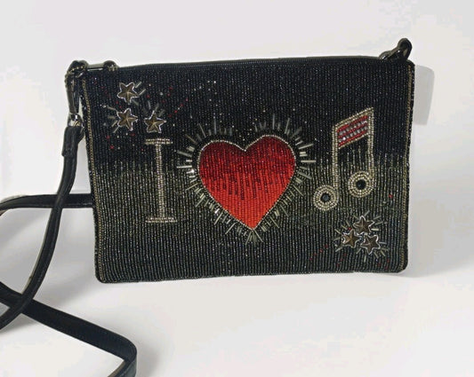 Mary Frances Womens Hand Beaded Crossbody Clutch Music Heart Black Red Bag