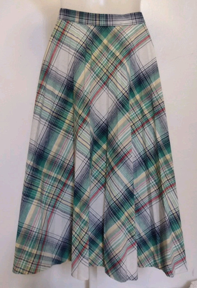 Vintage Pan-Ther Plaid Midi Skirt 15/16 Green Linen Blend Pleated Academia 70s