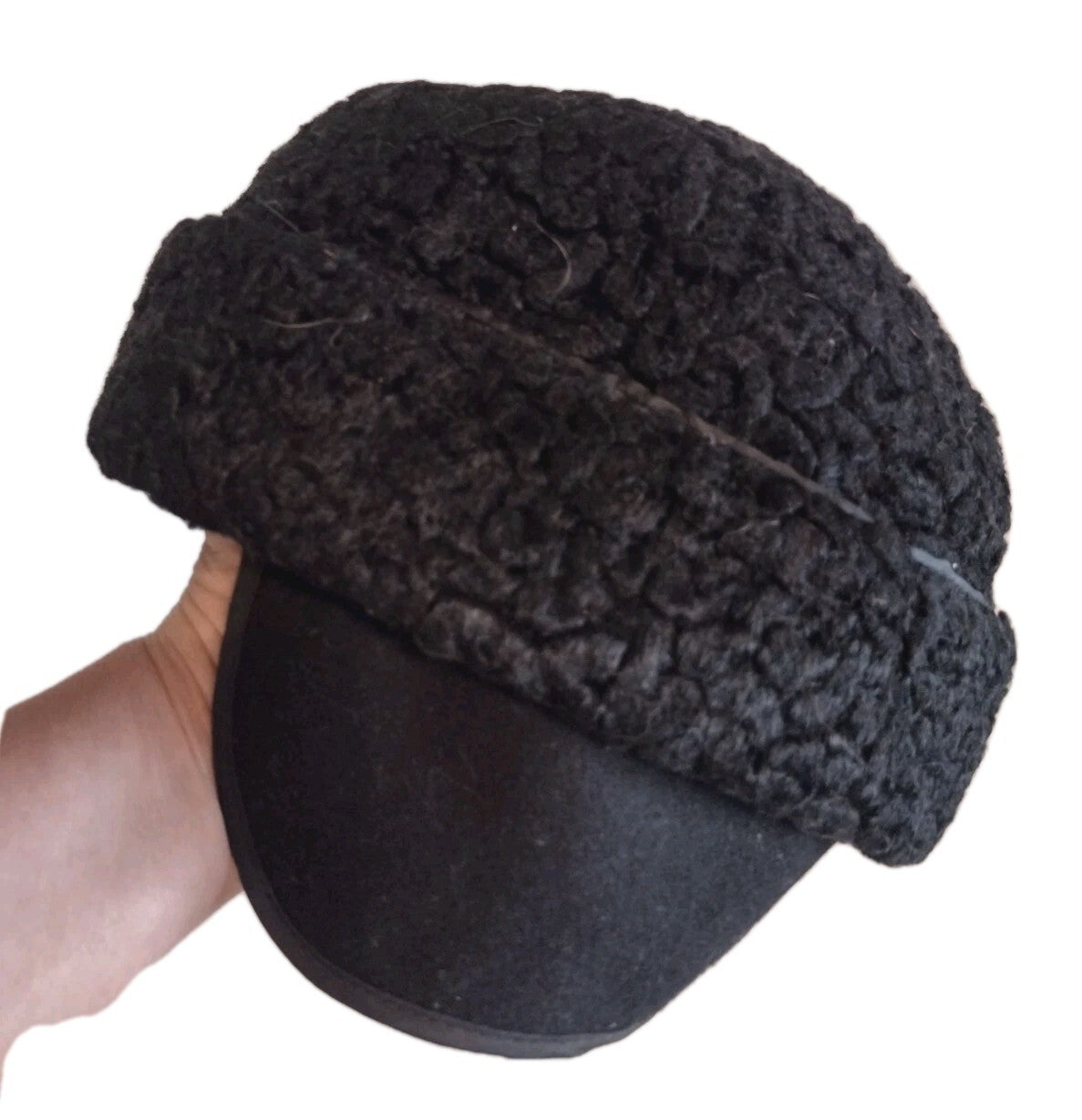Vintage 1950s 60s Black Curly Lamb Fur Winter Cap Ear Flap Union Made Medium