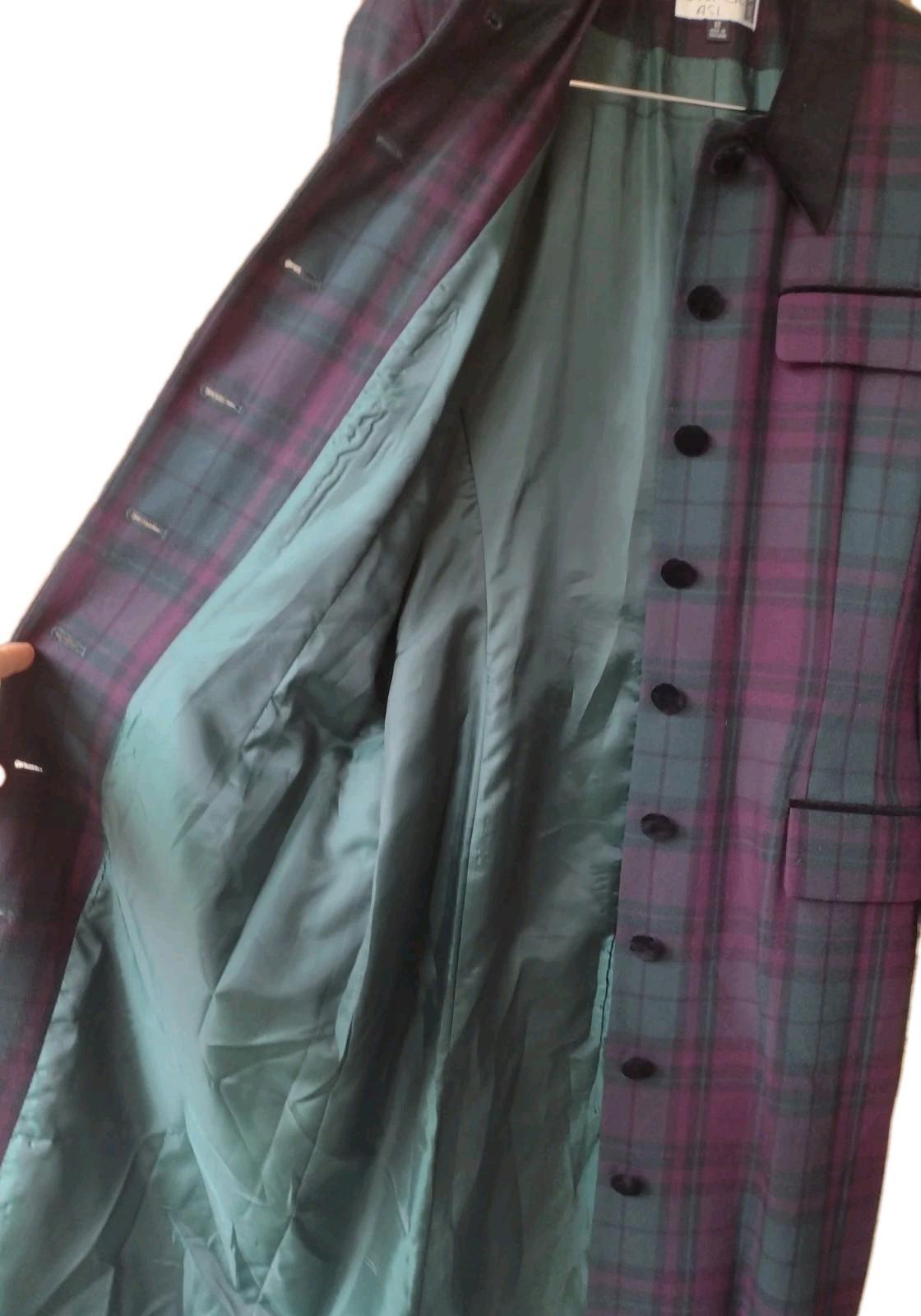 VTG Kasper ASL Petite Dress Coat Womens Green Plaid Flannel Velvet Collar Cuffs