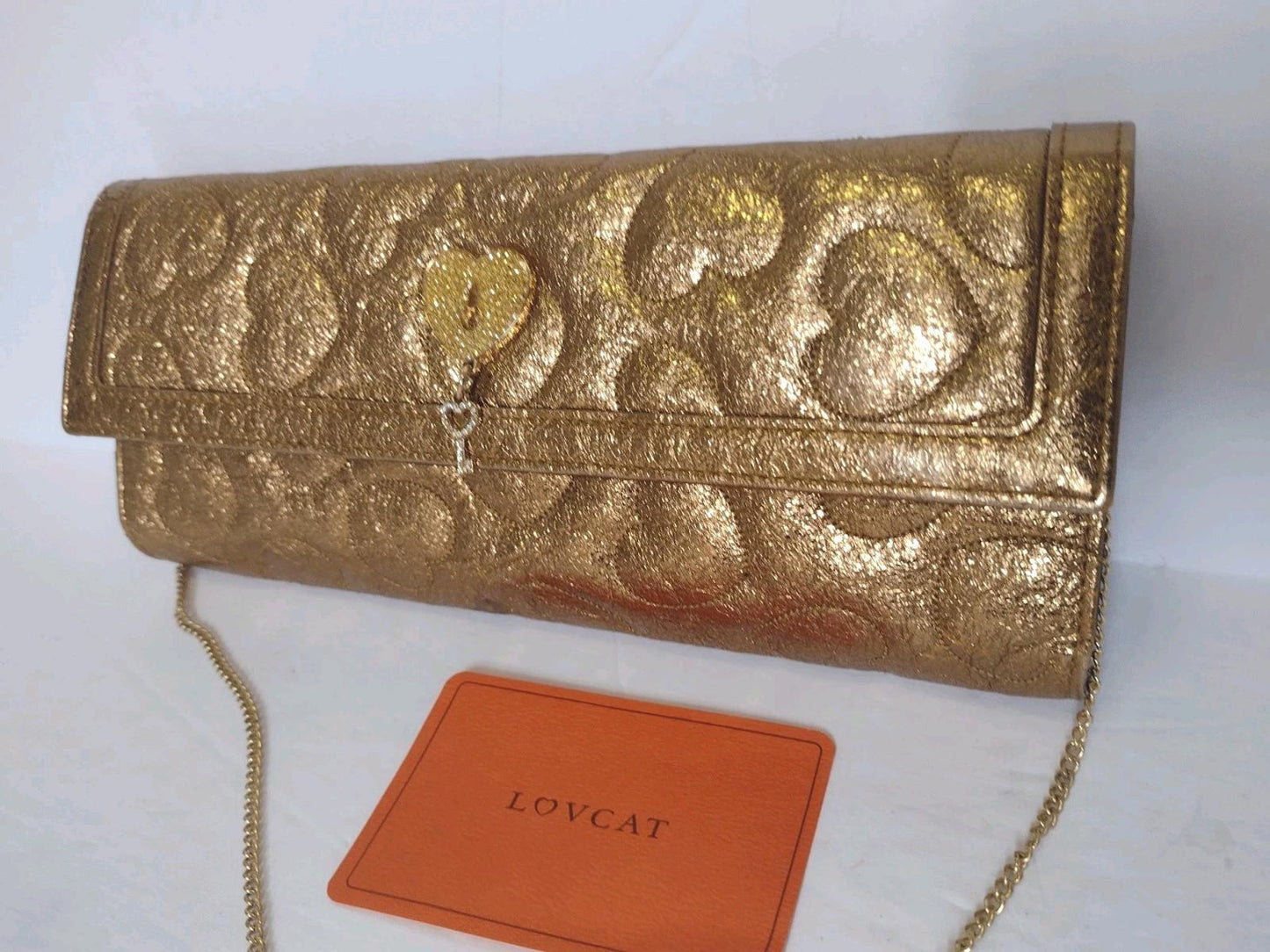 Lovcat Gold Heart Embossed Chain Clutch Wallet NWOT Pink Heart Lining Charm