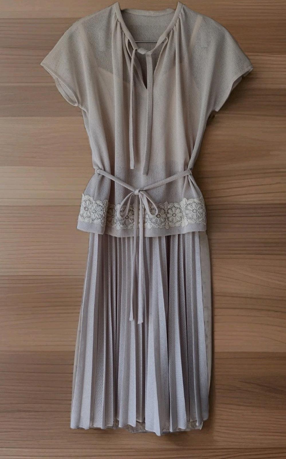 Marion McCoy 60s Mesh Lace 2 Pc Dress Set Pleated Skirt California M Beige