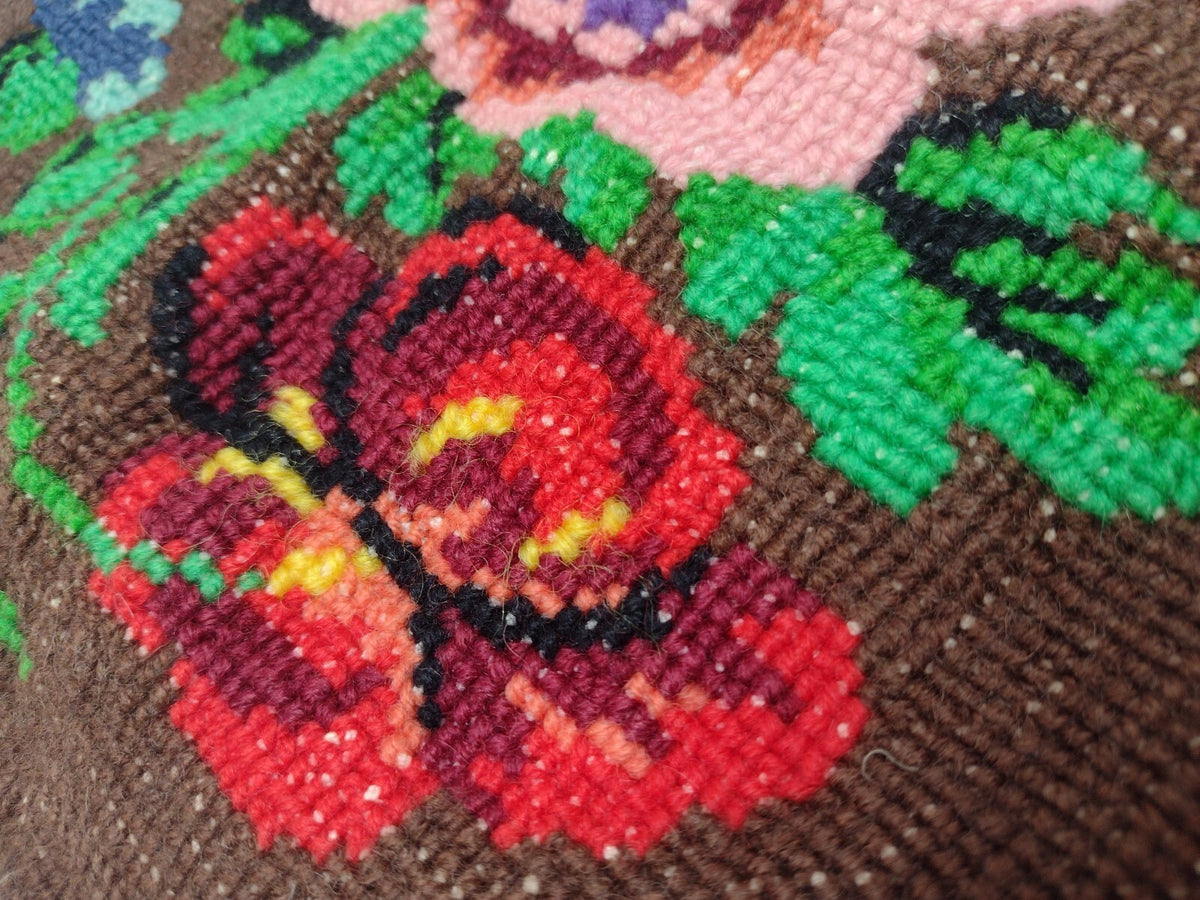 Vintage 60s 70s Floral Needlepoint Tapestry Folk Art Fringed Textile Panel