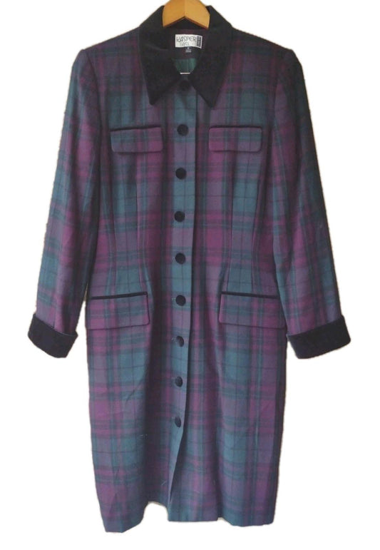 VTG Kasper ASL Petite Dress Coat Womens Green Plaid Flannel Velvet Collar Cuffs