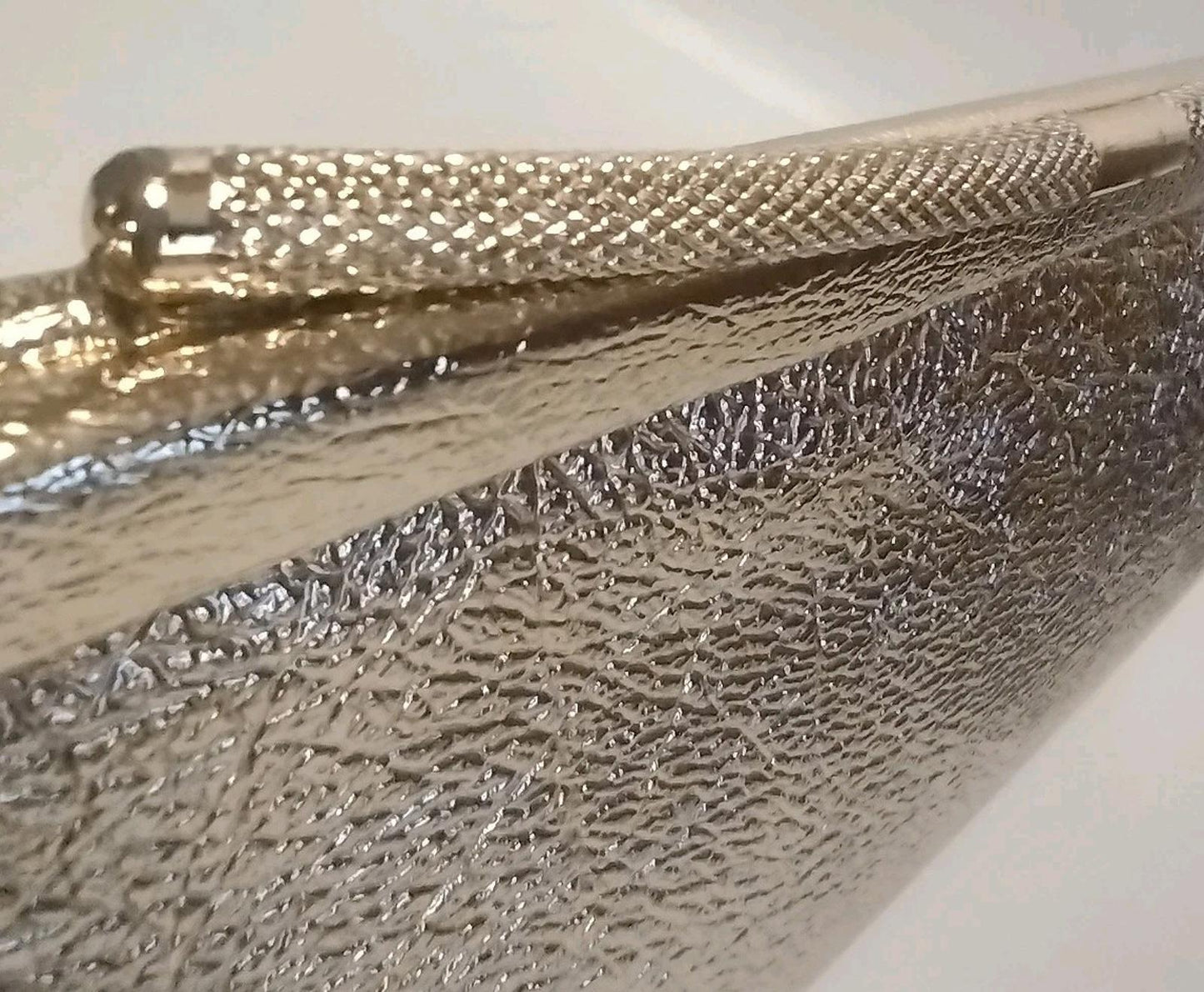 Vintage Gold Foil Faux Leather Clutch w/ Curved Clasp 70s Glam Bridal