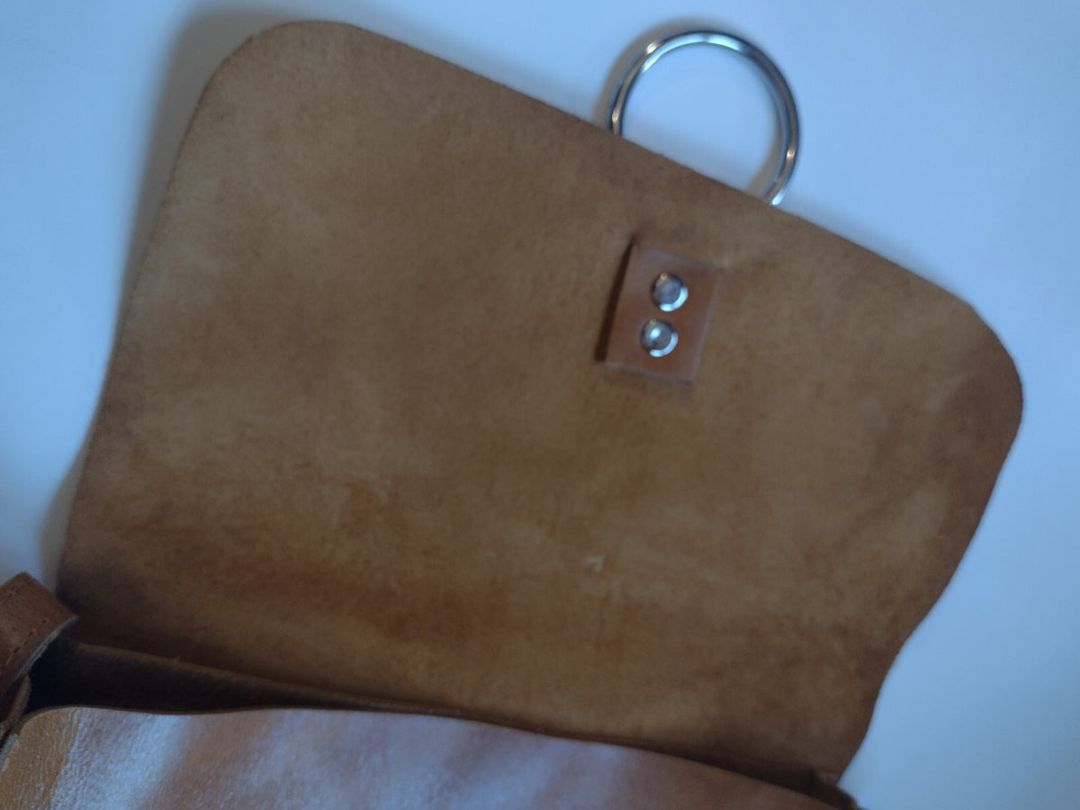Boho Cognac Leather Crossbody Bag Artisan O Ring Shoulder Purse Rustic