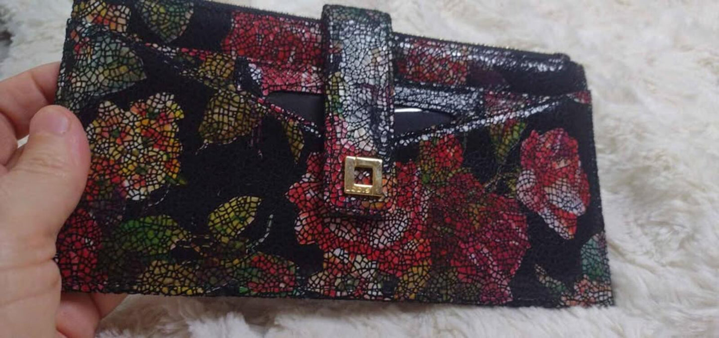 Lodis crackle suede floral print wallet removable credit card pouch
