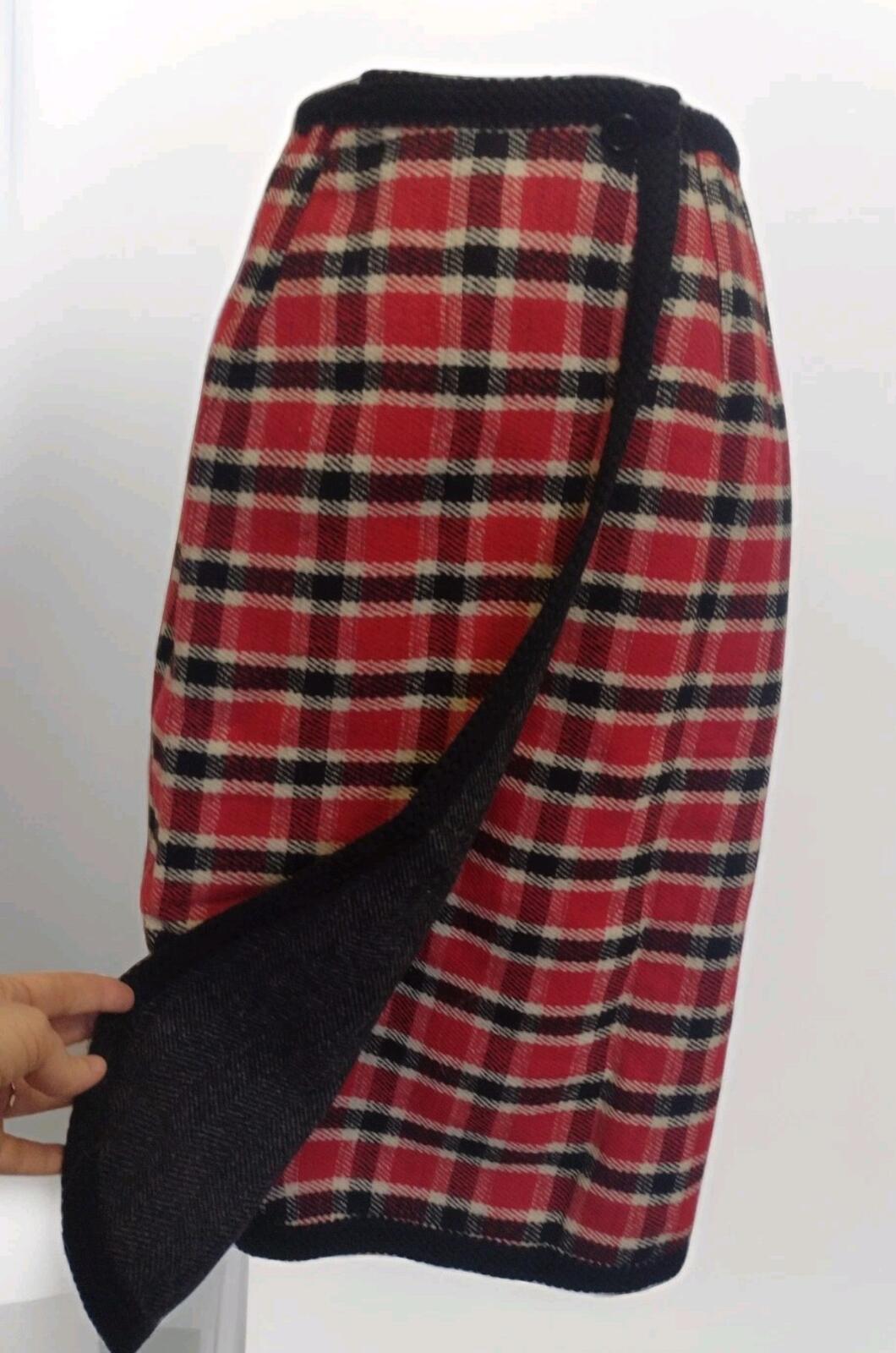 Vintage 50s Handmade Reversible Wool Wrap Skirt XS Plaid Herringbone Trimmed