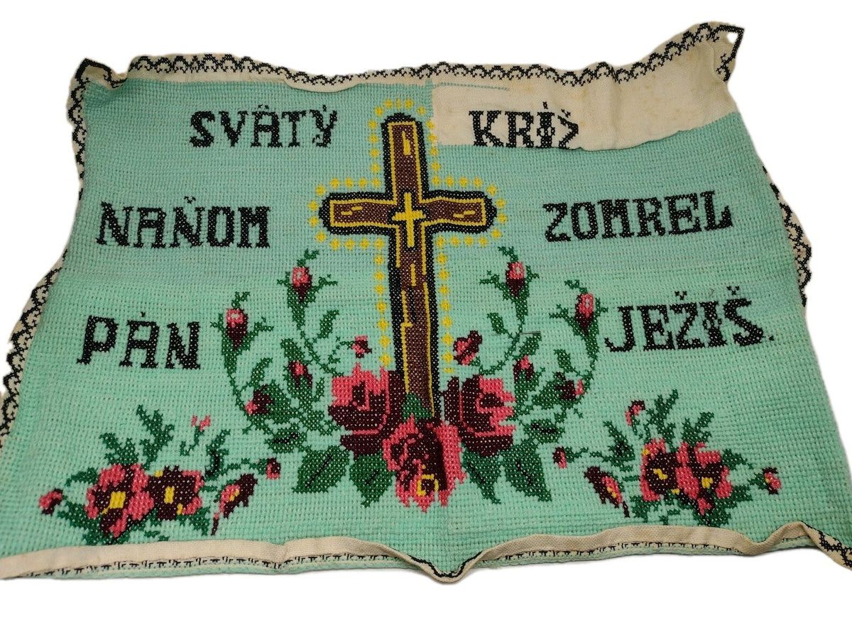 Vintage 40s Slovak Christian Needlepoint Holy Cross Jesus Roses Folk Art Textile