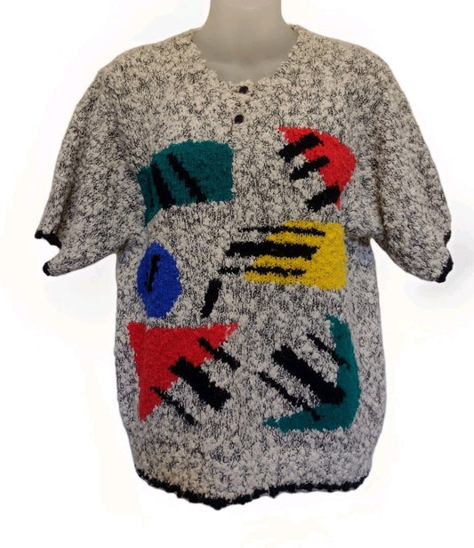 Vintage 80s Memphis Design Sweater M/L Abstract Geometric Popcorn Knit New Wave