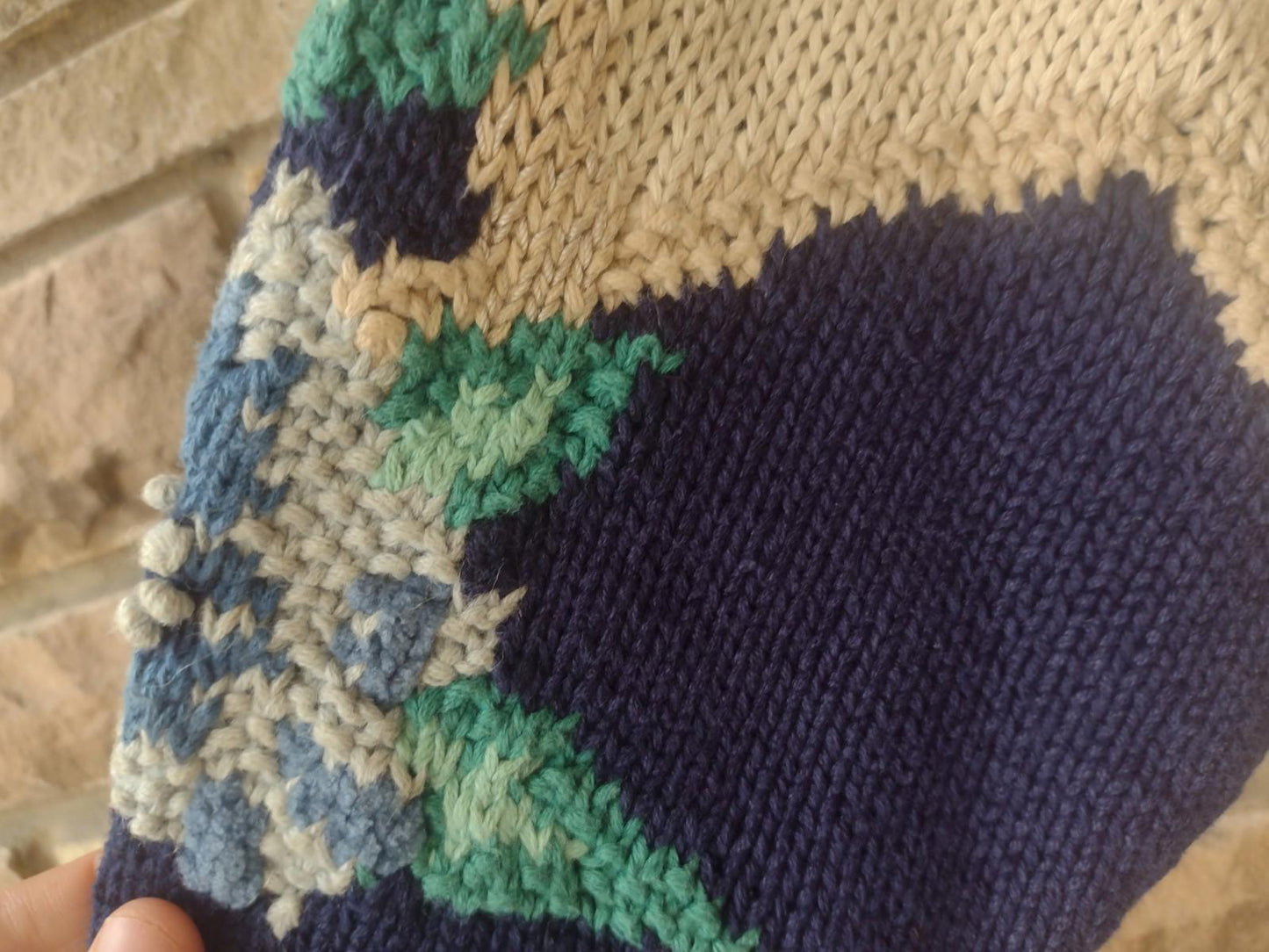 90s Jennifer Reed Hand Knit Floral Sweater Ramie Cotton Navy Oatmeal Oversized S