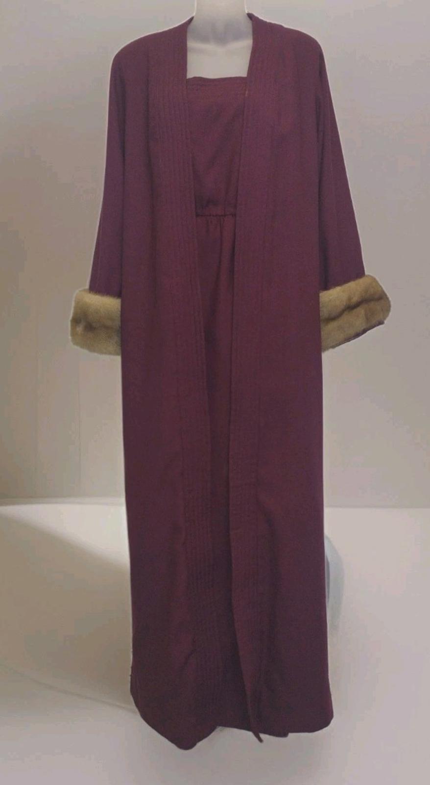Vintage 60s Eggplant Wool Evening Coat & One‑Shoulder Gown Set w/ Mink Cuffs M