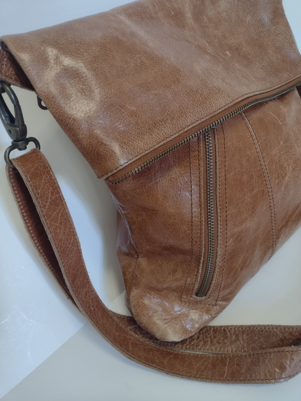 Brown Waxed Leather Foldover Crossbody Bag Boho Moto Messenger Distressed