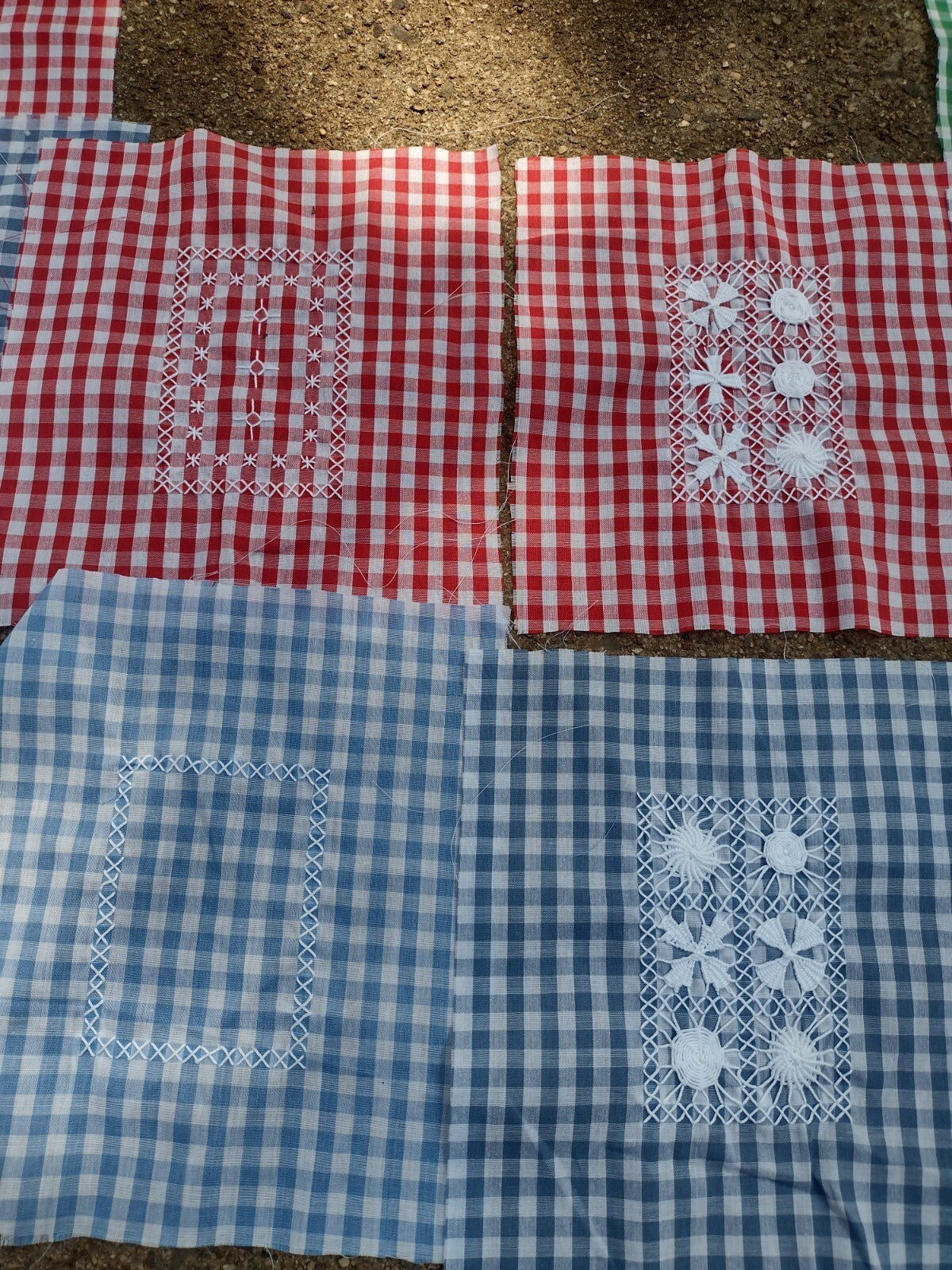 20 Vintage Chicken Scratch Gingham Quilt Blocks Hand Embroidered Folk Art