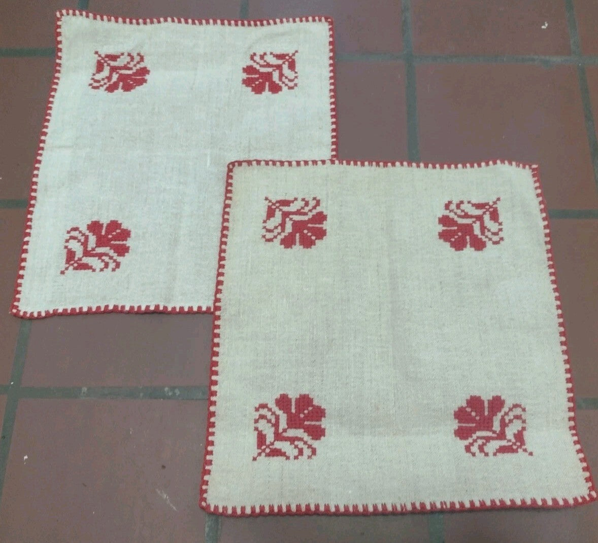 Vintage Folk Art Embroidered Linen Textile Lot Redwork Table Linens Pillow
